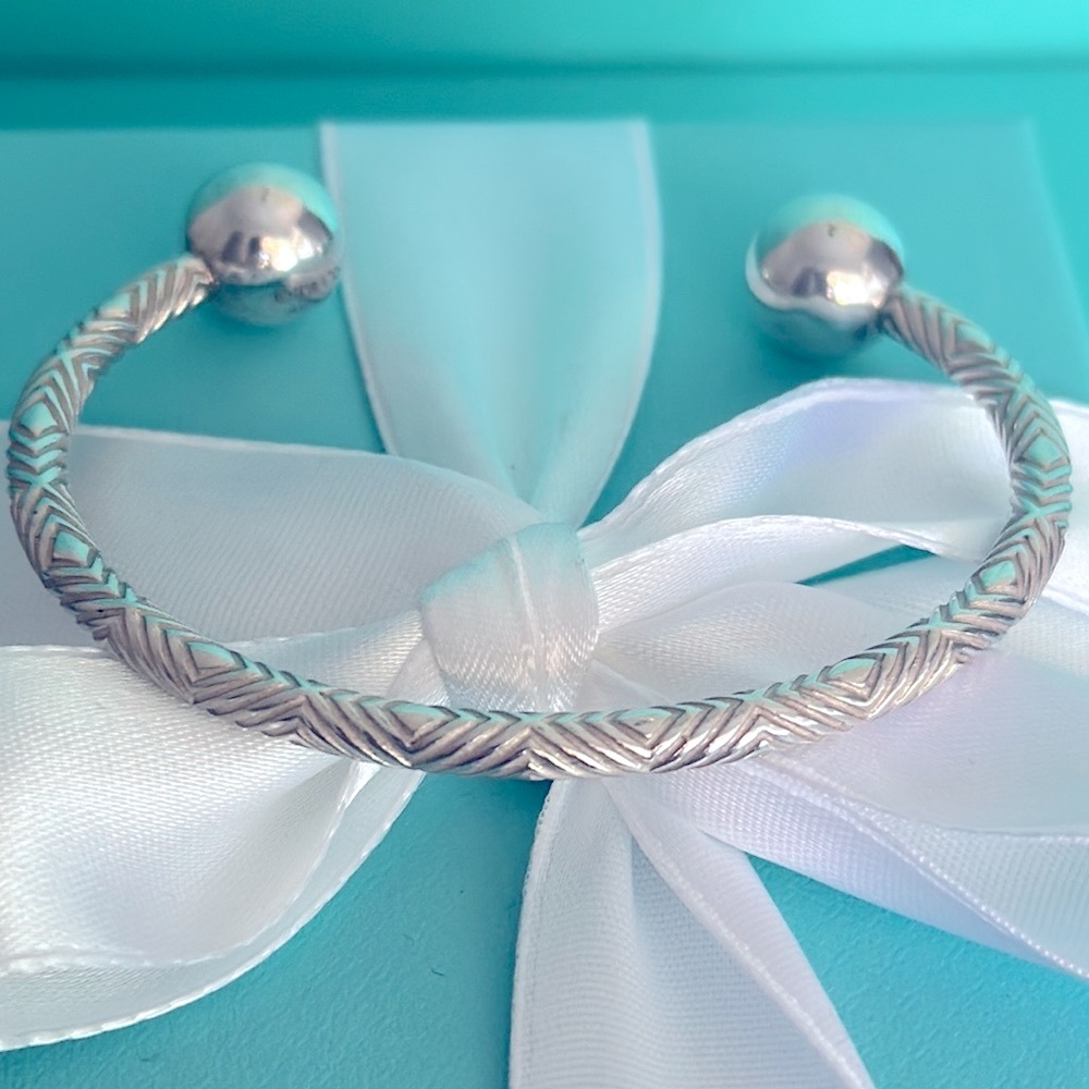 RARE Tiffany & Co Textured Hardwear Ball Barbell Cuff Bracelet Sterling Silver